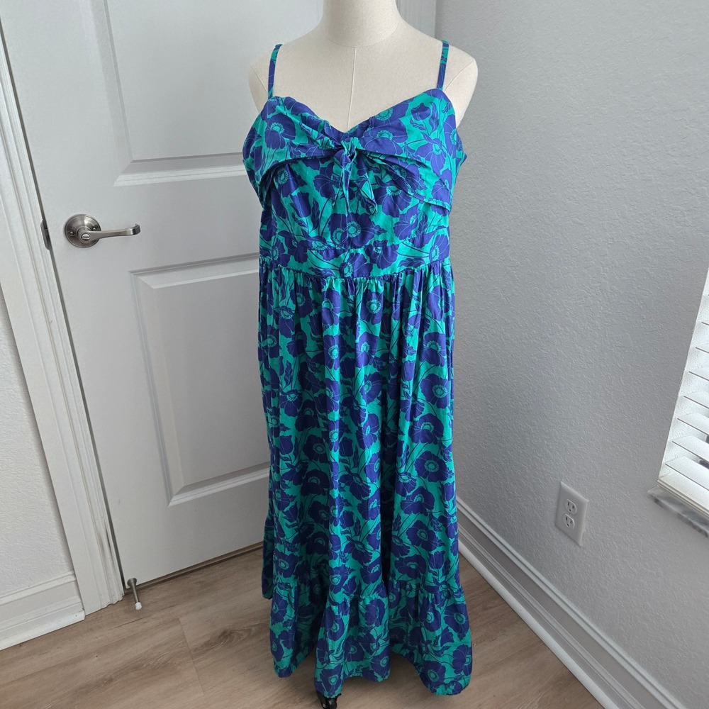 Boden Teal Purple Floral Cotton Maxi Dress Smocked Back Tiered US 16/18L‎ D0248